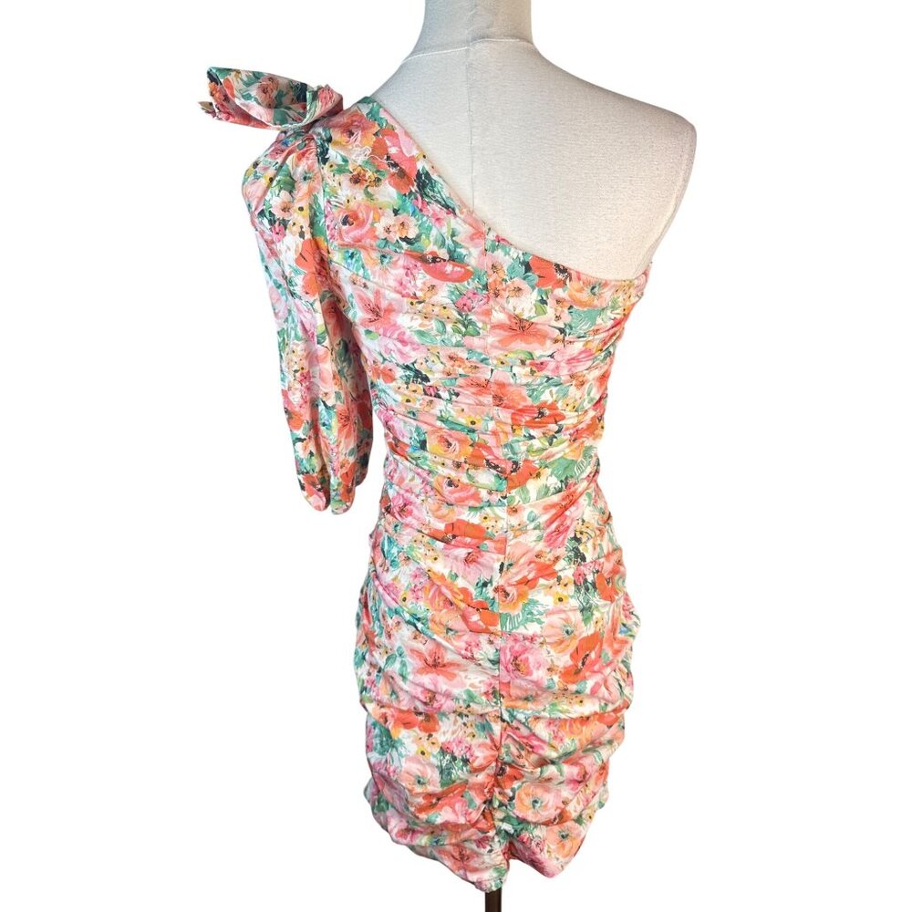 ZARA Floral One-Shoulder Ruched Mini Dress With Bow Detail - Picture 9 of 12